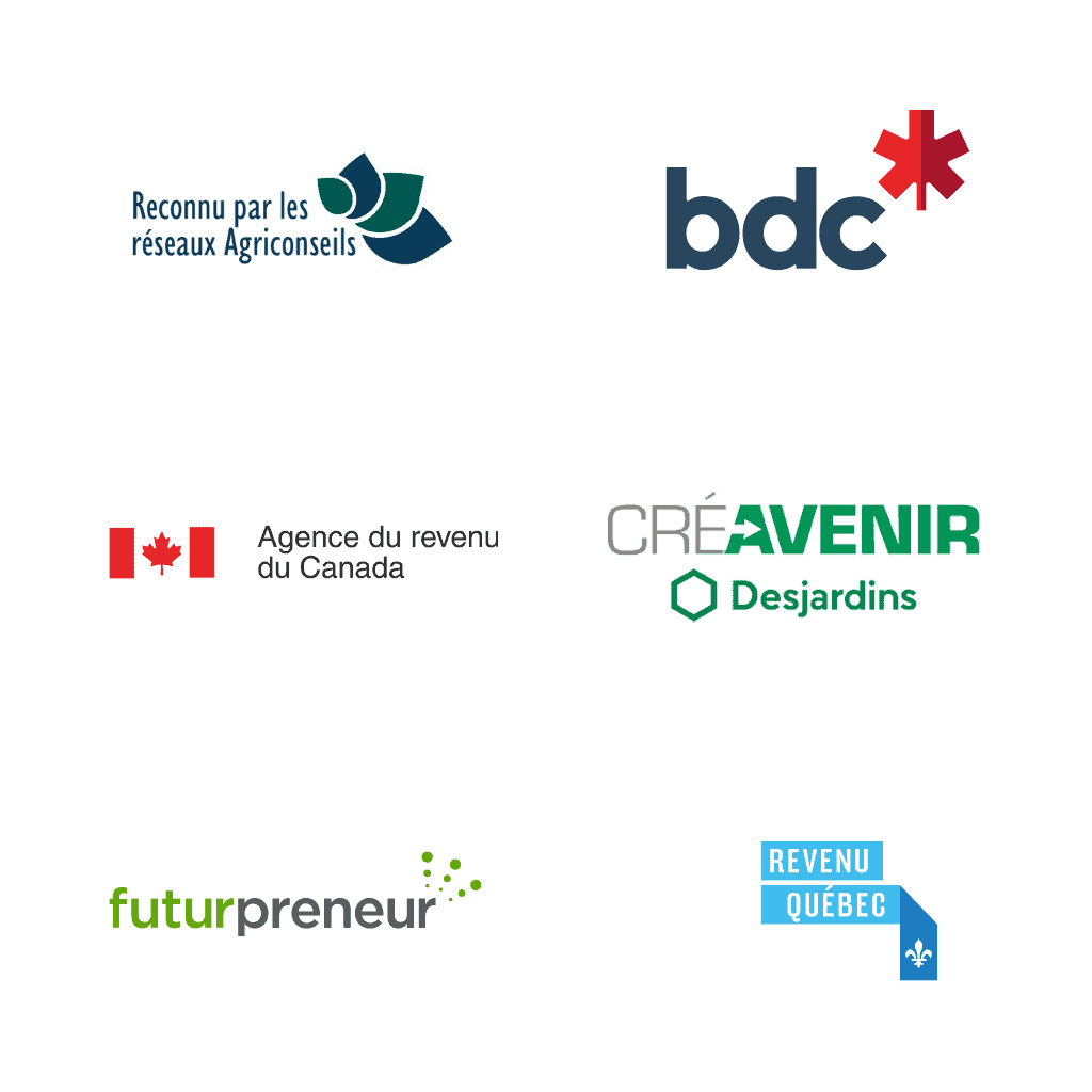 logo des partenaires financiers BDC, caisse Desjardins, Reseau Agriconseils, Agence du revenu Canada, Revenu Québec, Futupreneur